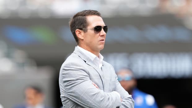 New York Giants general manager Joe Schoen on the field before a preseason game at MetLife Stadium on Sunday, August 28, 2022. Nfl Giants Vs Jets Preseason Game